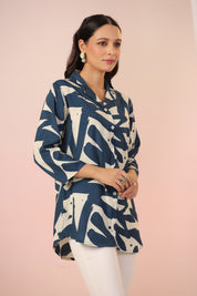 Peacock Blue Abstract Printed Russian Silk Tunic