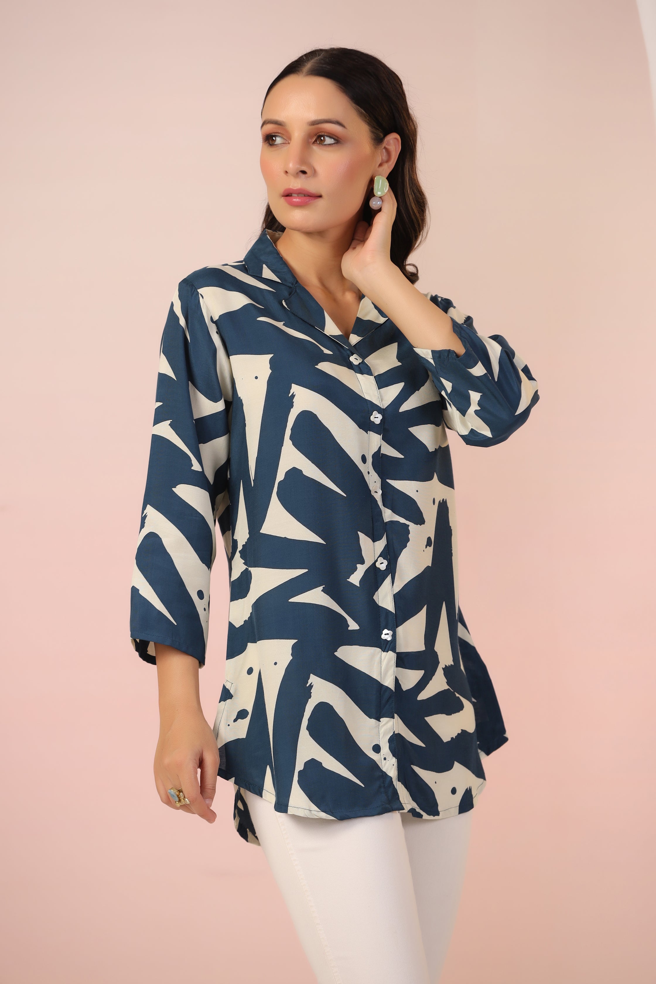 Peacock Blue Abstract Printed Russian Silk Tunic