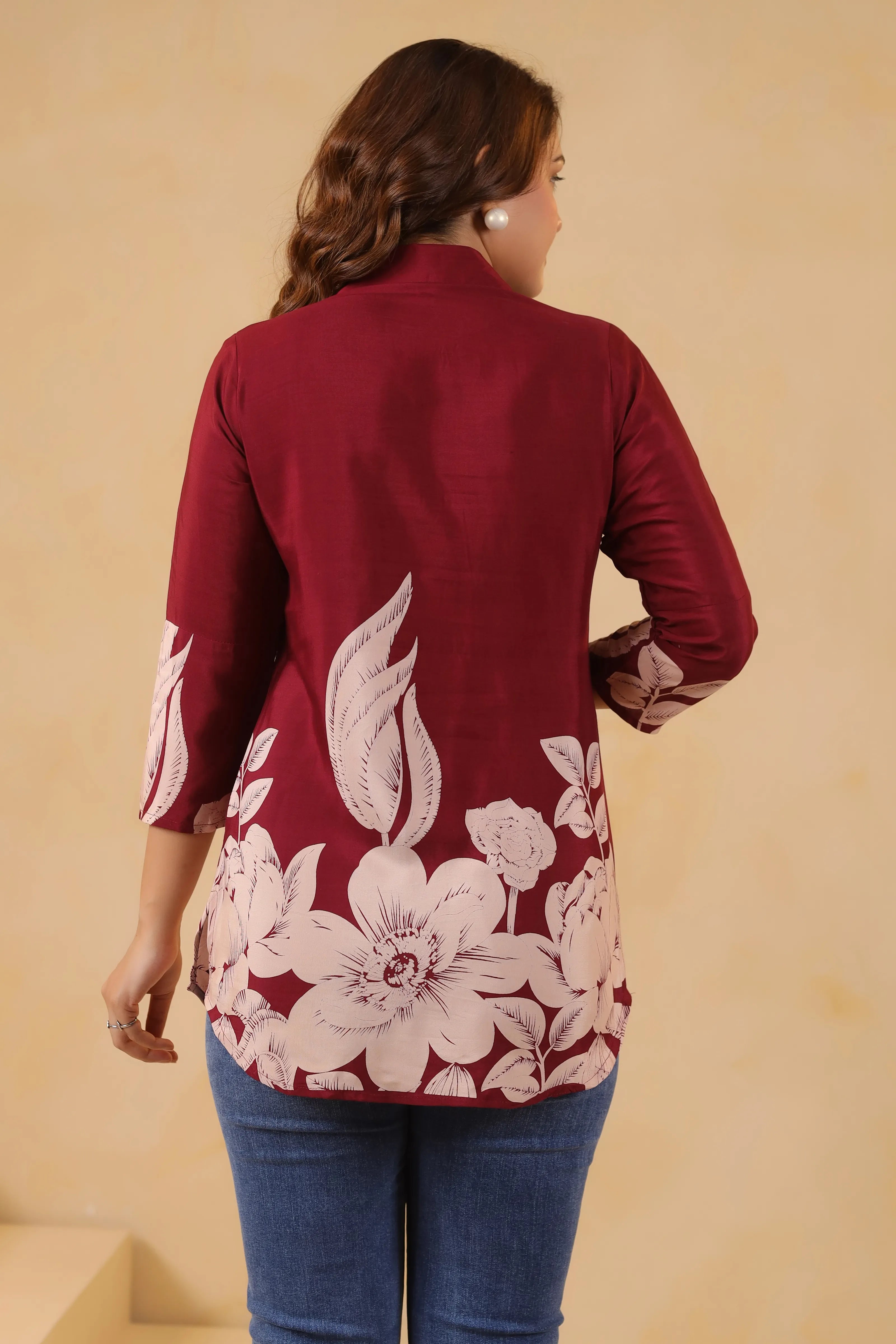 Maroon Floral Printed Russian Silk Tunic with Notch Collar