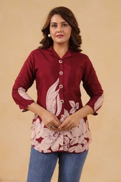 Maroon Floral Printed Russian Silk Tunic with Notch Collar