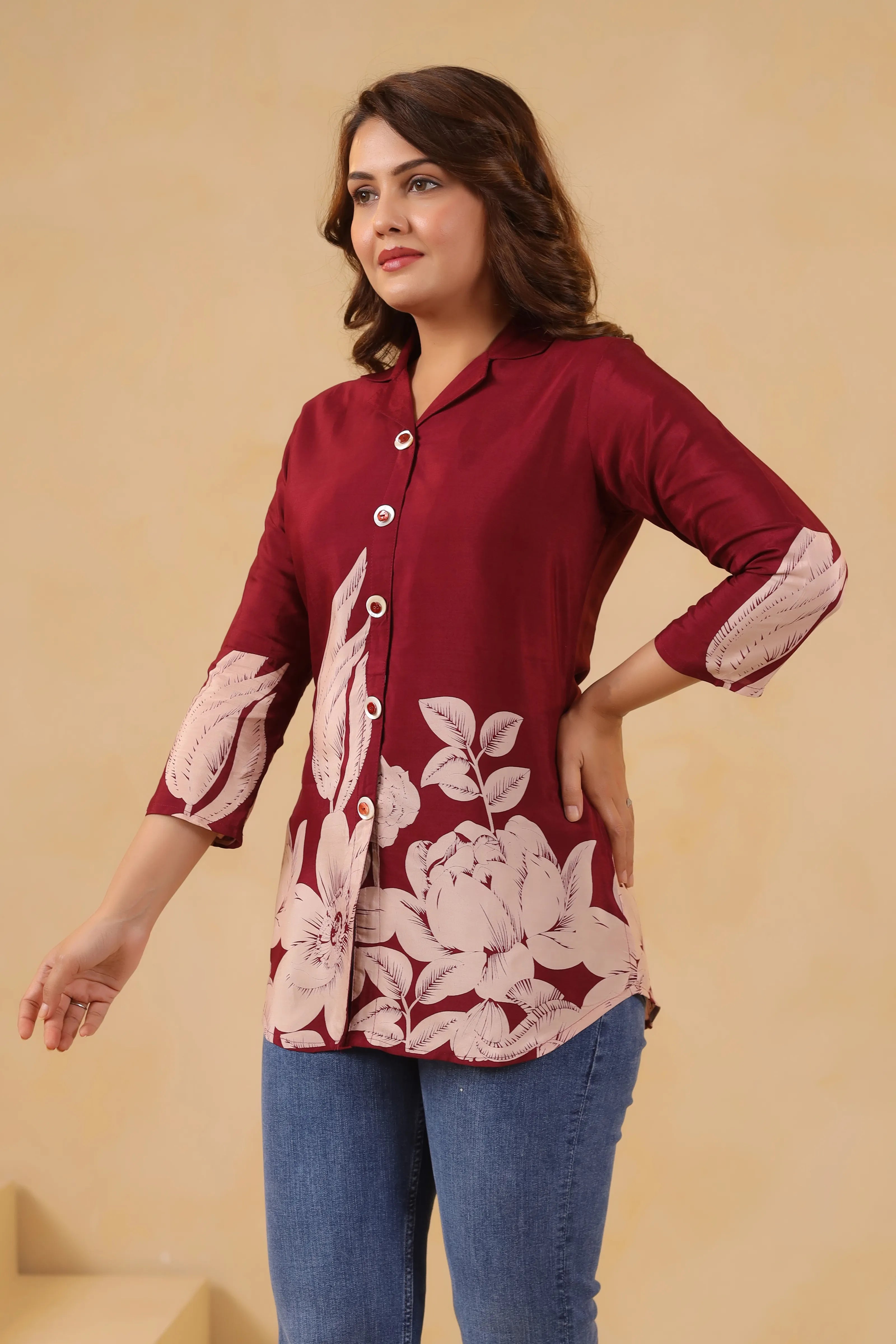 Maroon Floral Printed Russian Silk Tunic with Notch Collar
