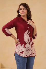 Maroon Floral Printed Russian Silk Tunic with Notch Collar