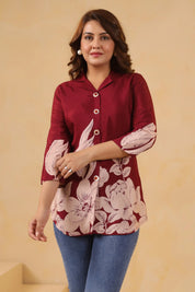 Maroon Floral Printed Russian Silk Tunic with Notch Collar