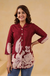 Maroon Floral Printed Russian Silk Tunic with Notch Collar