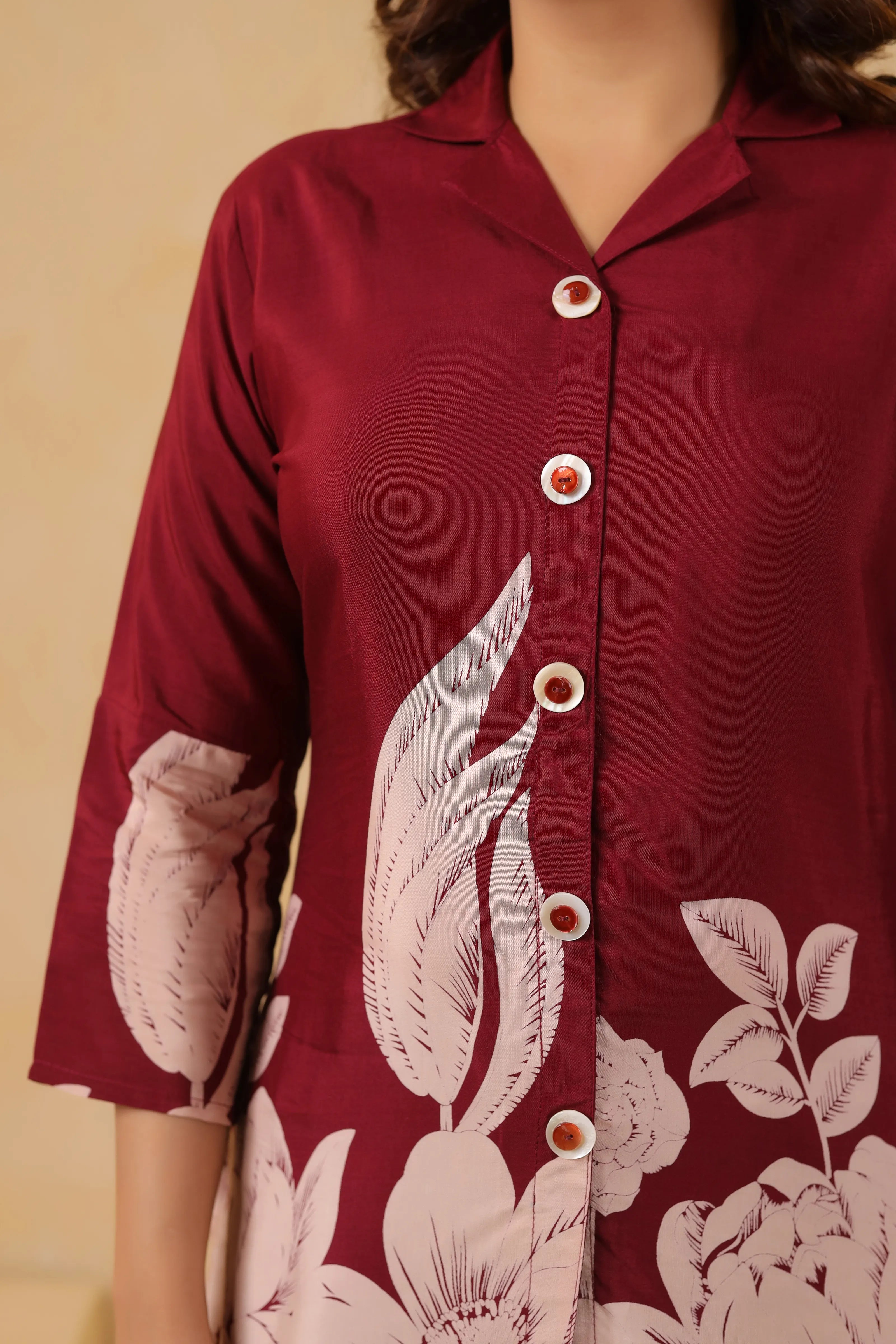 Maroon Floral Printed Russian Silk Tunic with Notch Collar