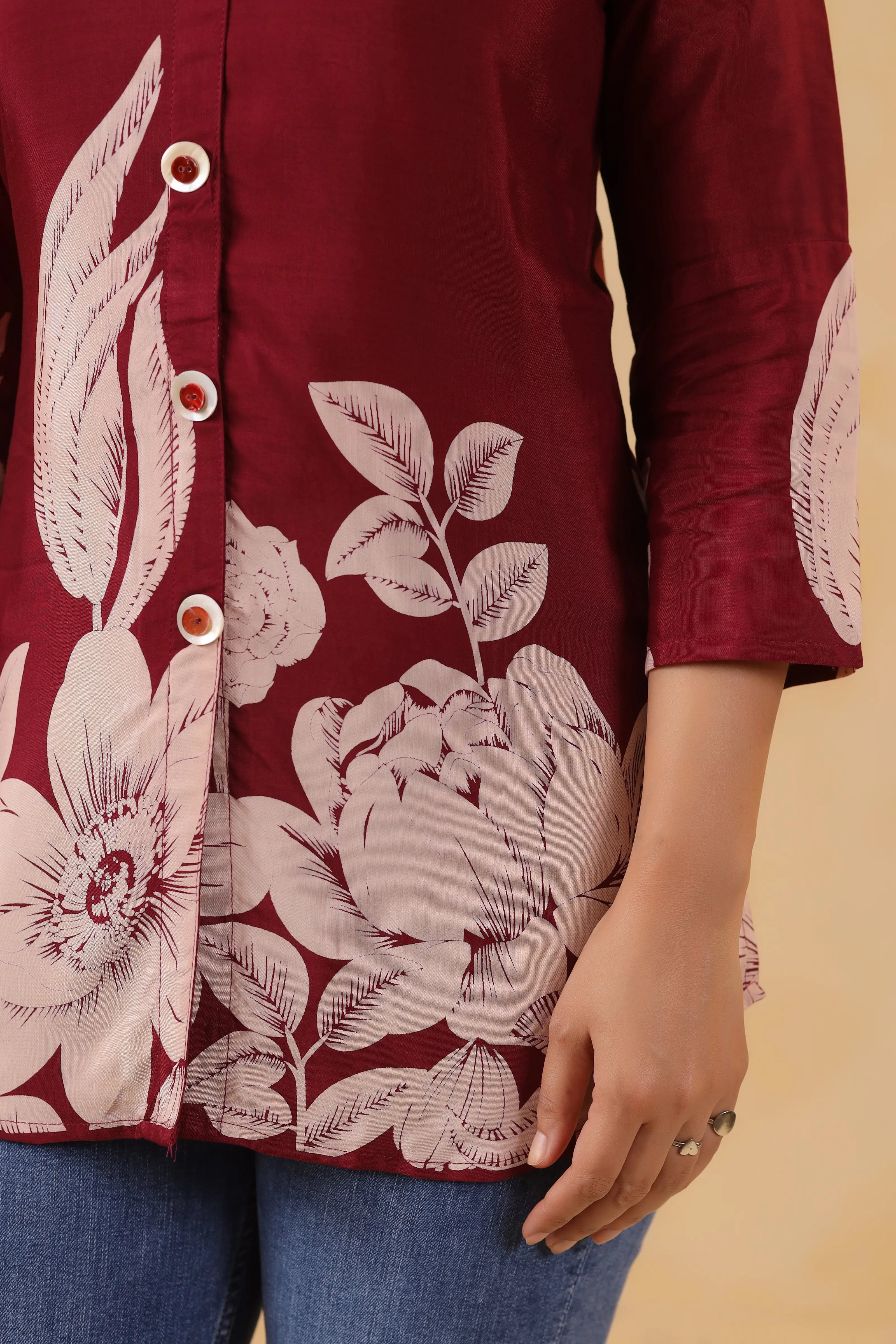 Maroon Floral Printed Russian Silk Tunic with Notch Collar