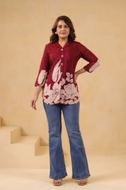 Maroon Floral Printed Russian Silk Tunic with Notch Collar