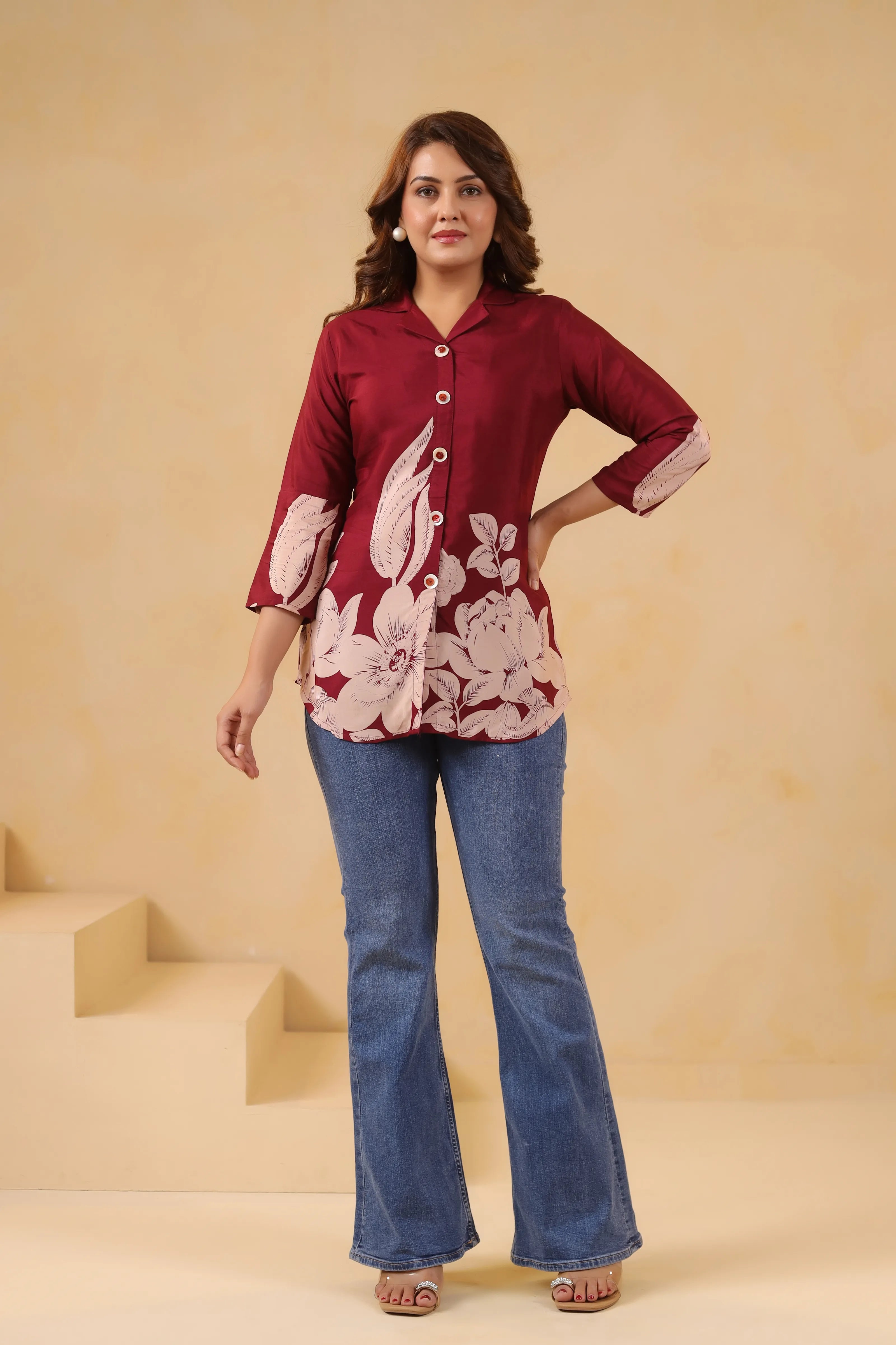 Maroon Floral Printed Russian Silk Tunic with Notch Collar