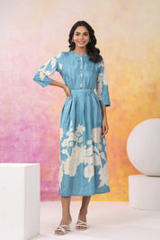 Aqua Blue Base With Cream Color Bold Flower Motif  Midi Dress