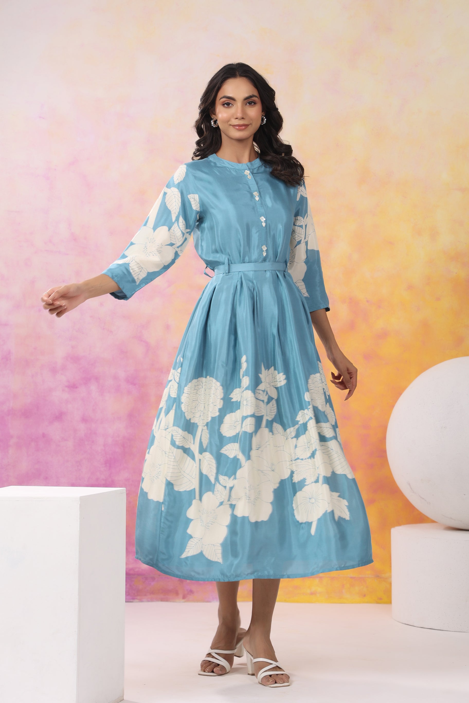 Aqua Blue Base With Cream Color Bold Flower Motif  Midi Dress