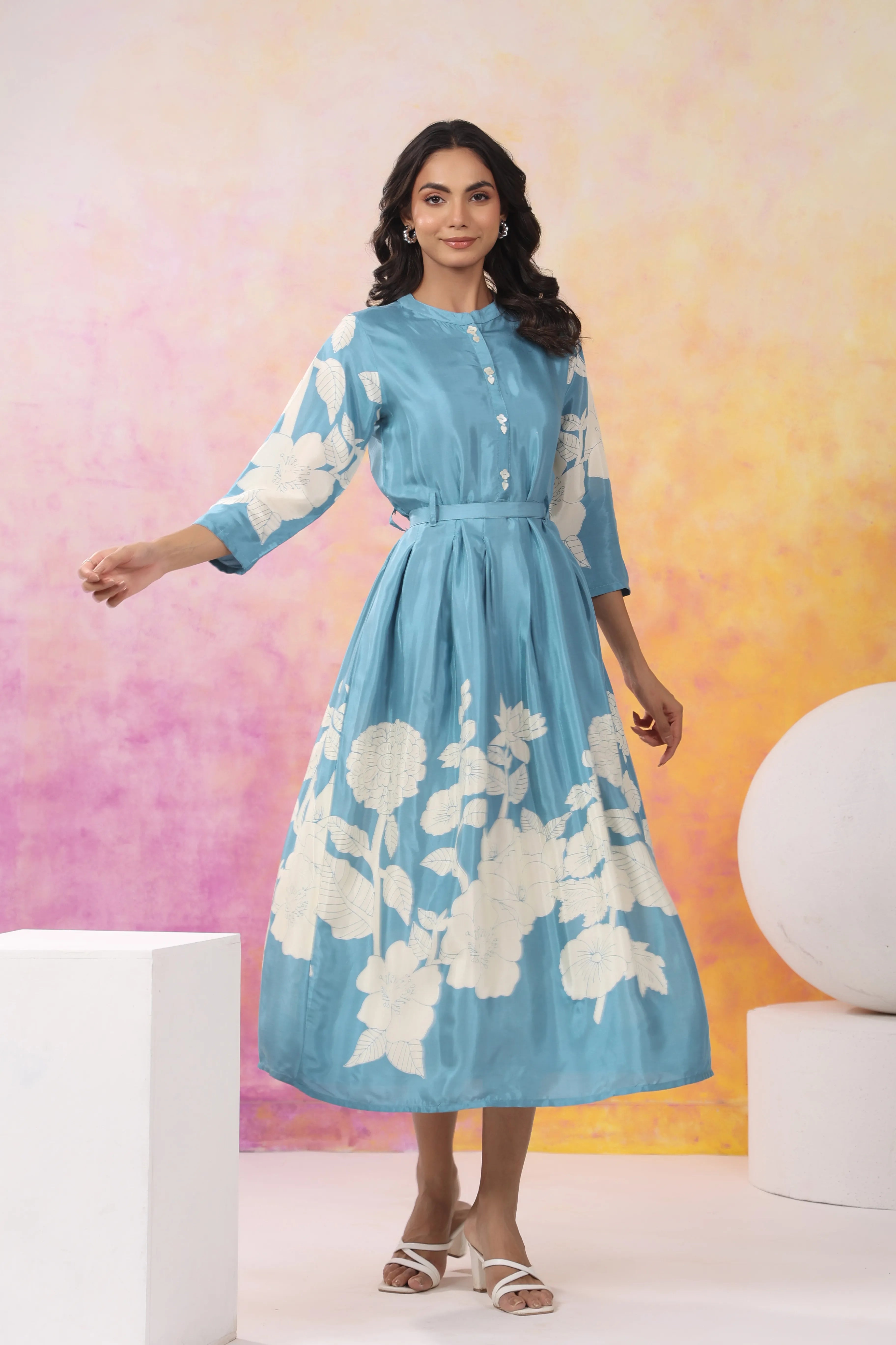 Aqua Blue Base With Cream Color Bold Flower Motif Midi Dress Kaftanize Aqua Blue Base With Cream Color Bold Flower Motif Midi Dress Kaftanize