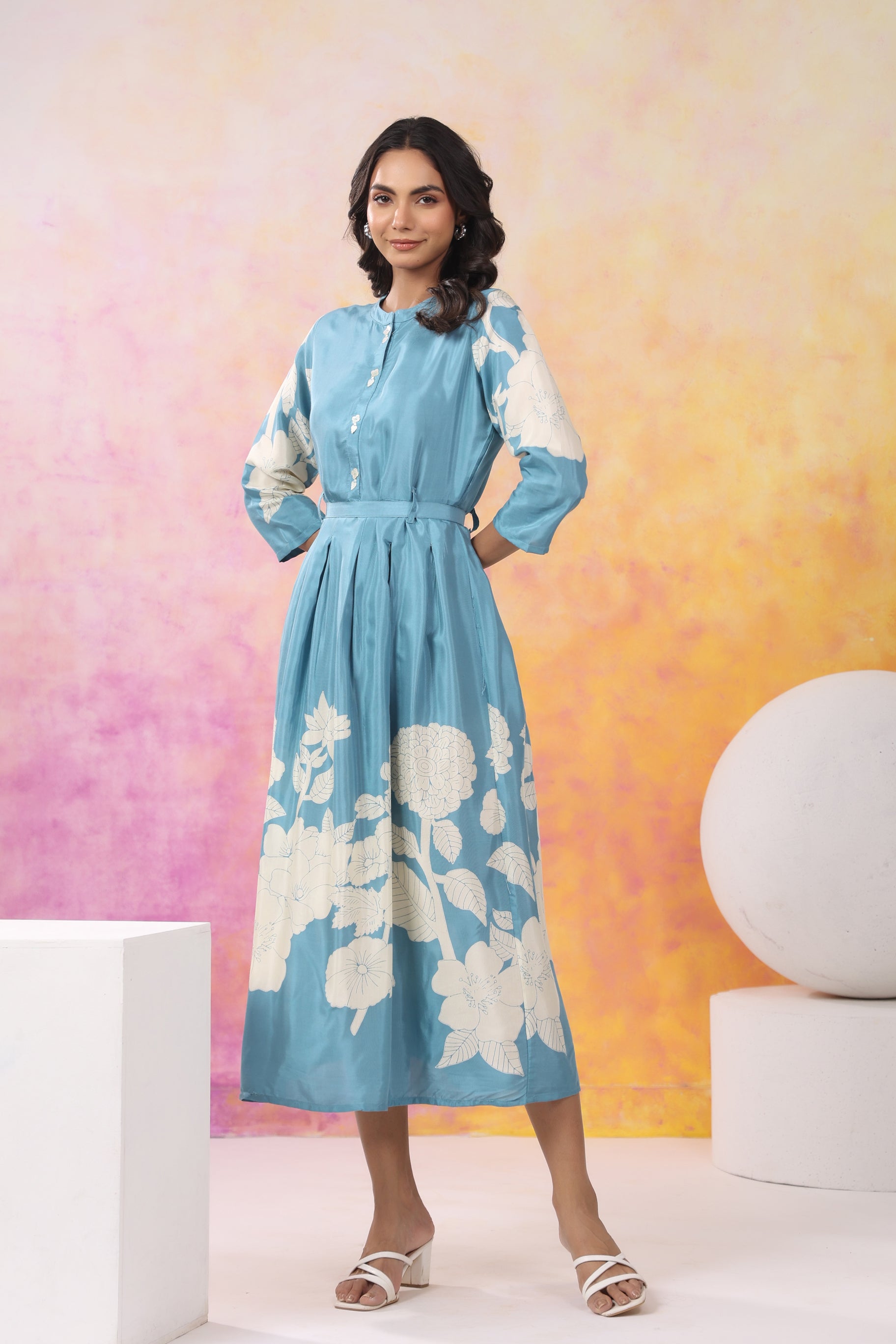 Aqua Blue Base With Cream Color Bold Flower Motif  Midi Dress