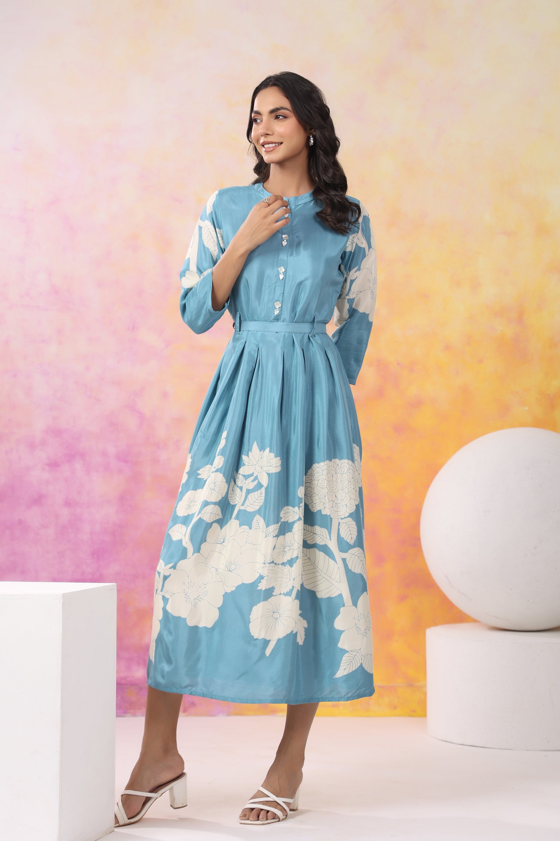 Aqua Blue Base With Cream Color Bold Flower Motif  Midi Dress