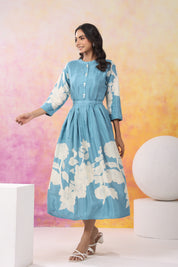 Aqua Blue Base With Cream Color Bold Flower Motif  Midi Dress