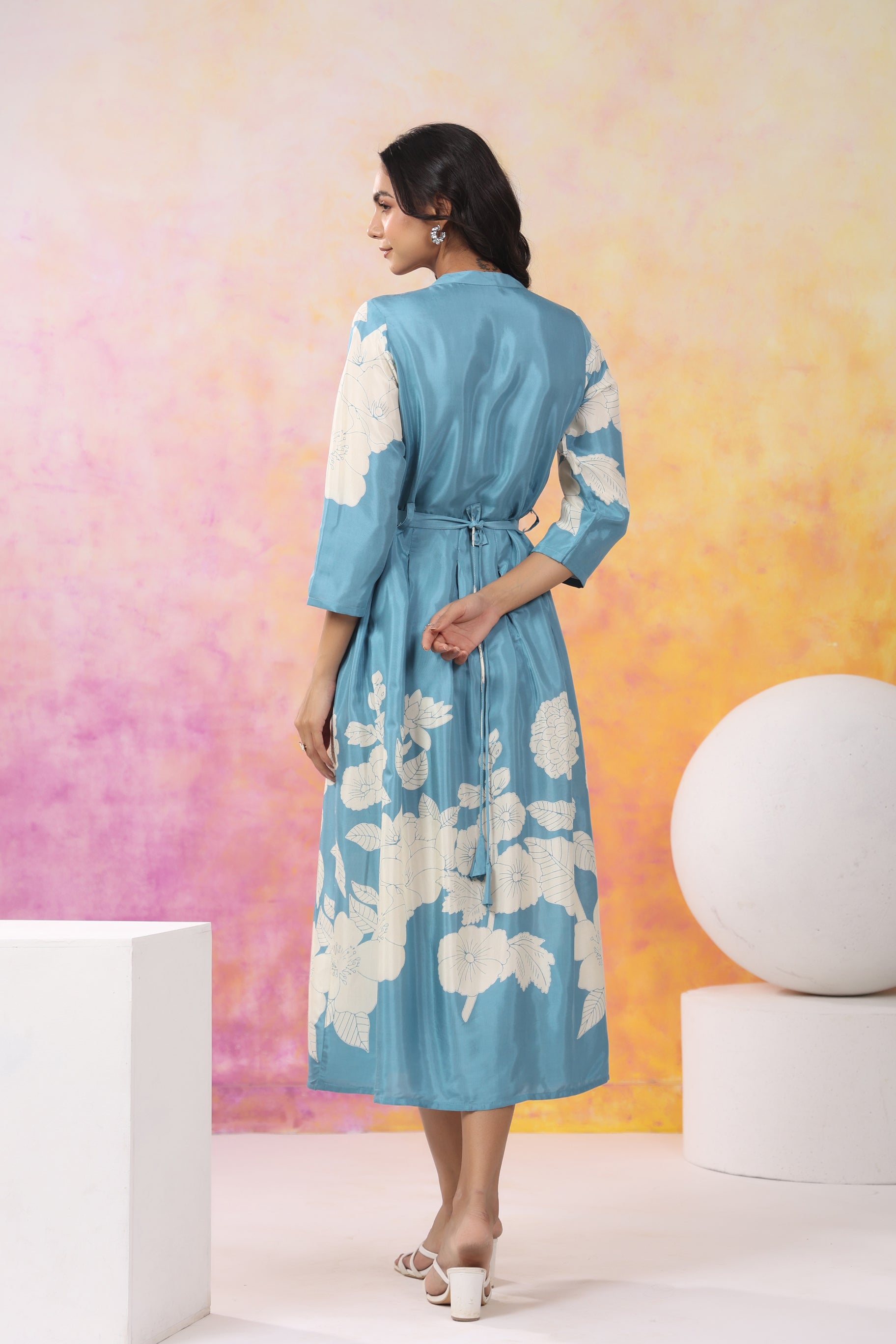 Aqua Blue Base With Cream Color Bold Flower Motif  Midi Dress