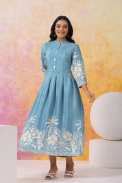 Aqua Blue With Cream Color Bold Flower Motif Midi Dress