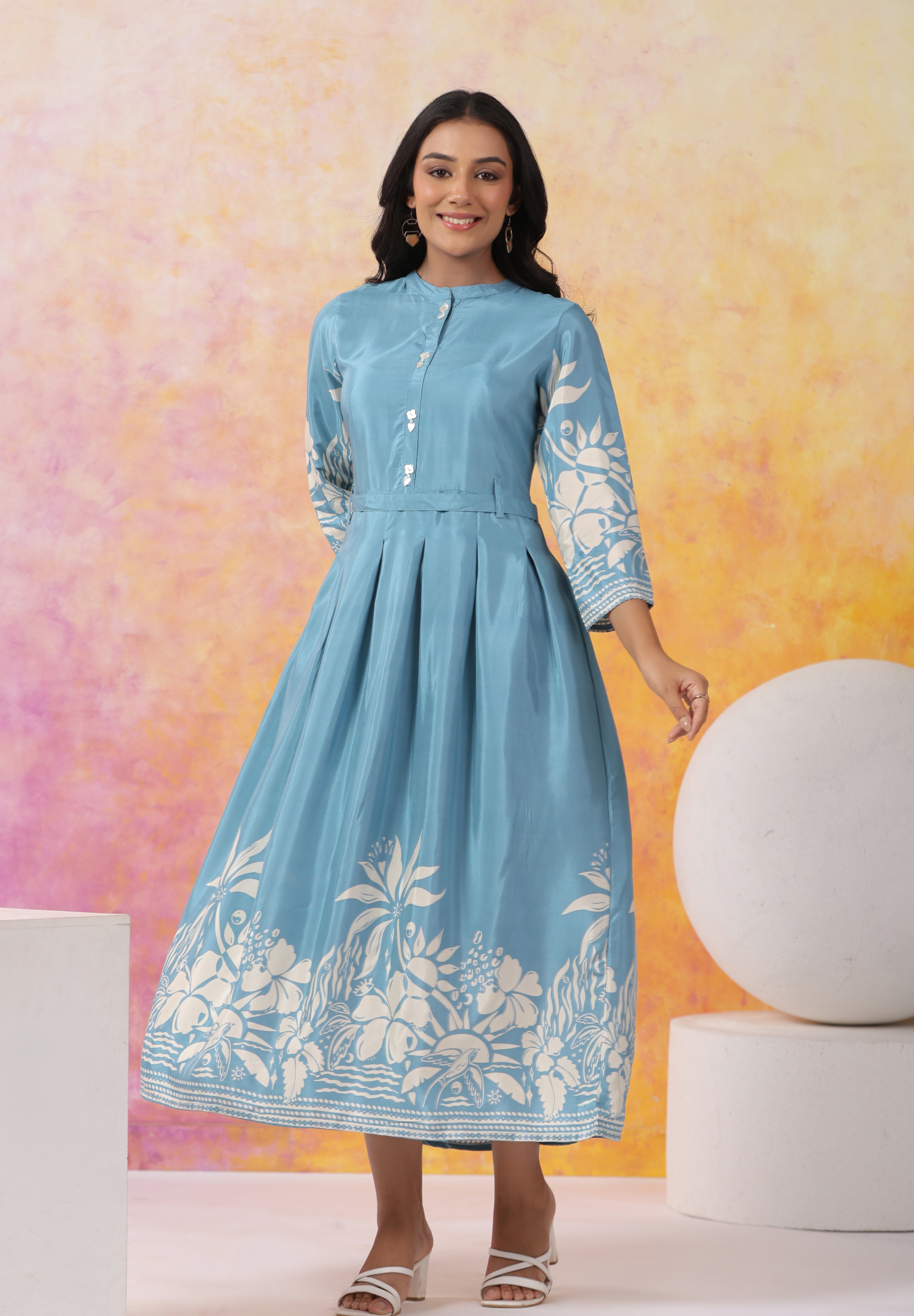 Aqua Blue With Cream Color Bold Flower Motif Midi Dress