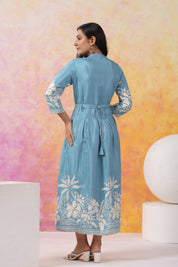 Aqua Blue With Cream Color Bold Flower Motif Midi Dress