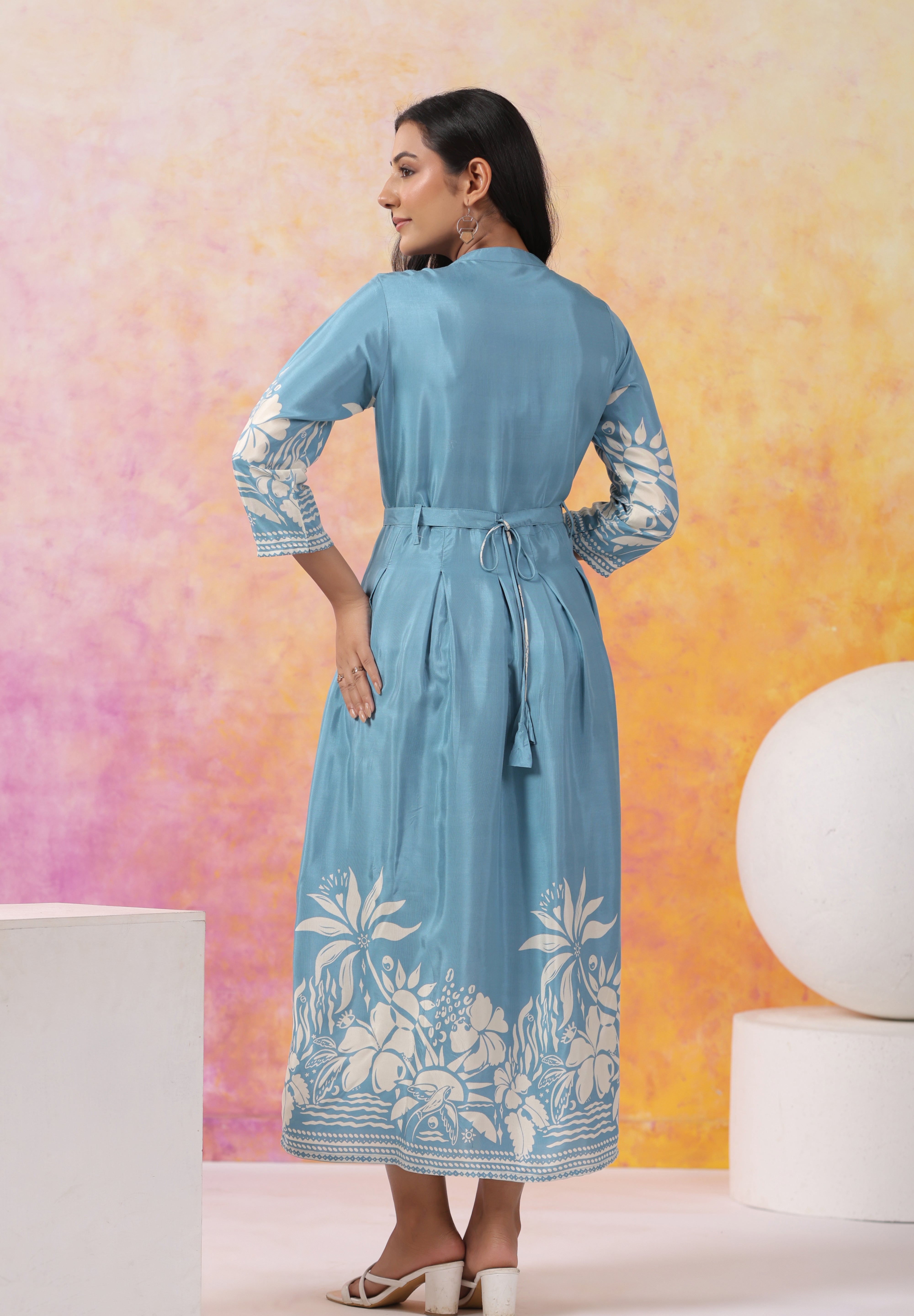 Aqua Blue With Cream Color Bold Flower Motif Midi Dress