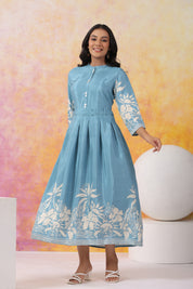 Aqua Blue With Cream Color Bold Flower Motif Midi Dress