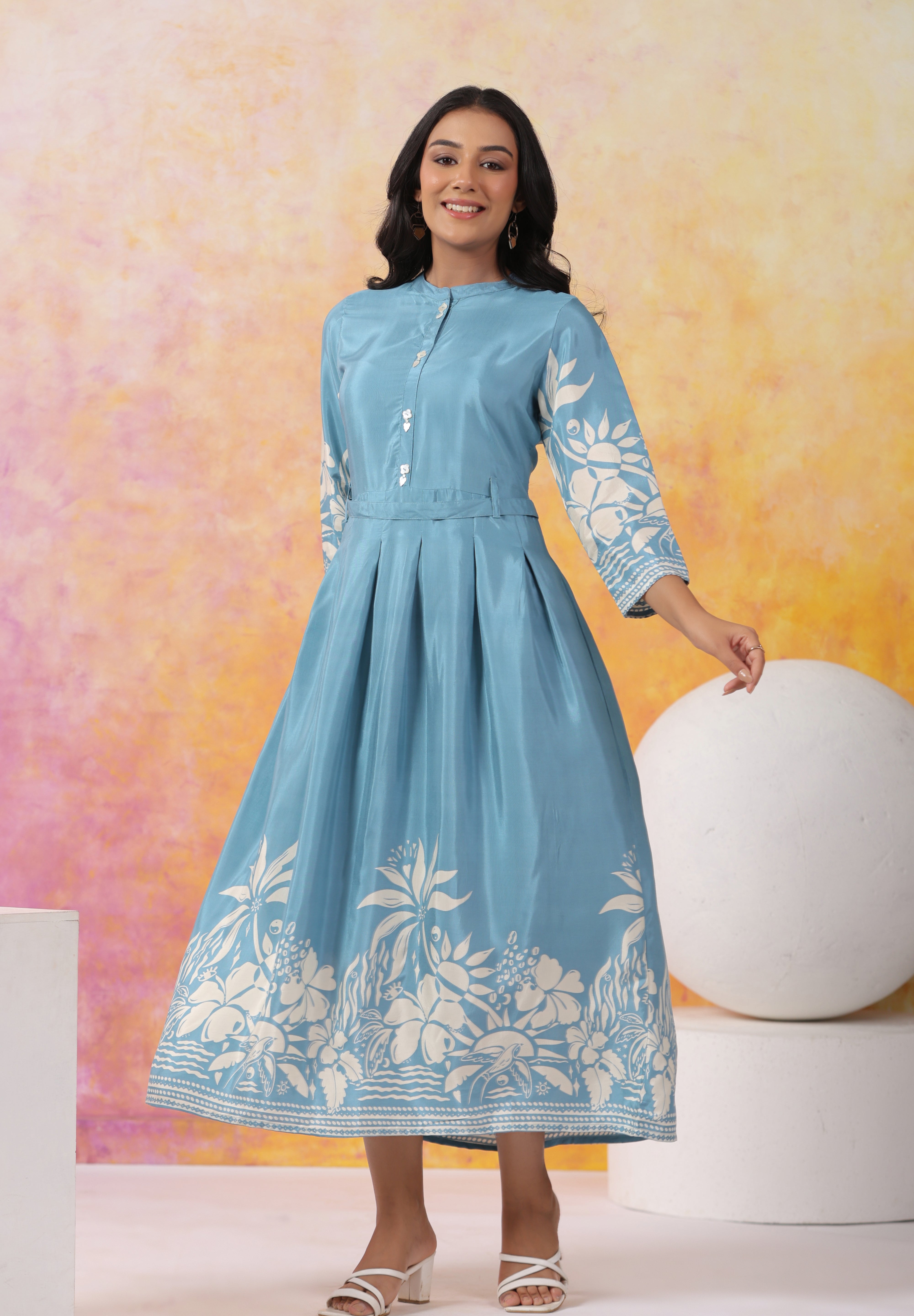 Aqua Blue With Cream Color Bold Flower Motif Midi Dress