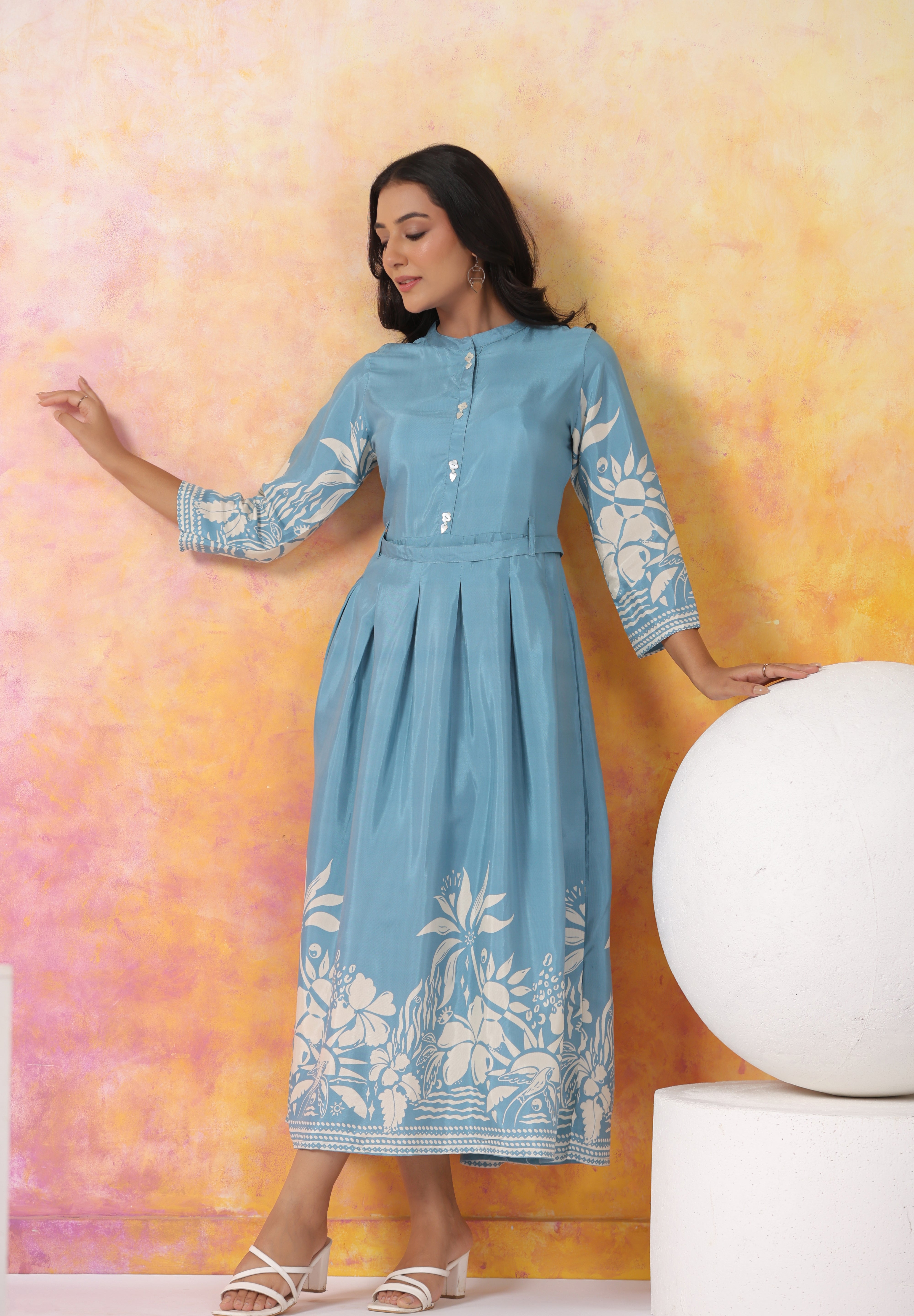 Aqua Blue With Cream Color Bold Flower Motif Midi Dress