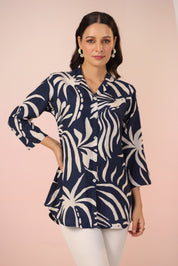 Navy Blue Base Cream Color abstract print Russian Silk Tunic