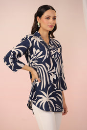 Navy Blue Base Cream Color abstract print Russian Silk Tunic