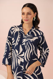 Navy Blue Base Cream Color abstract print Russian Silk Tunic