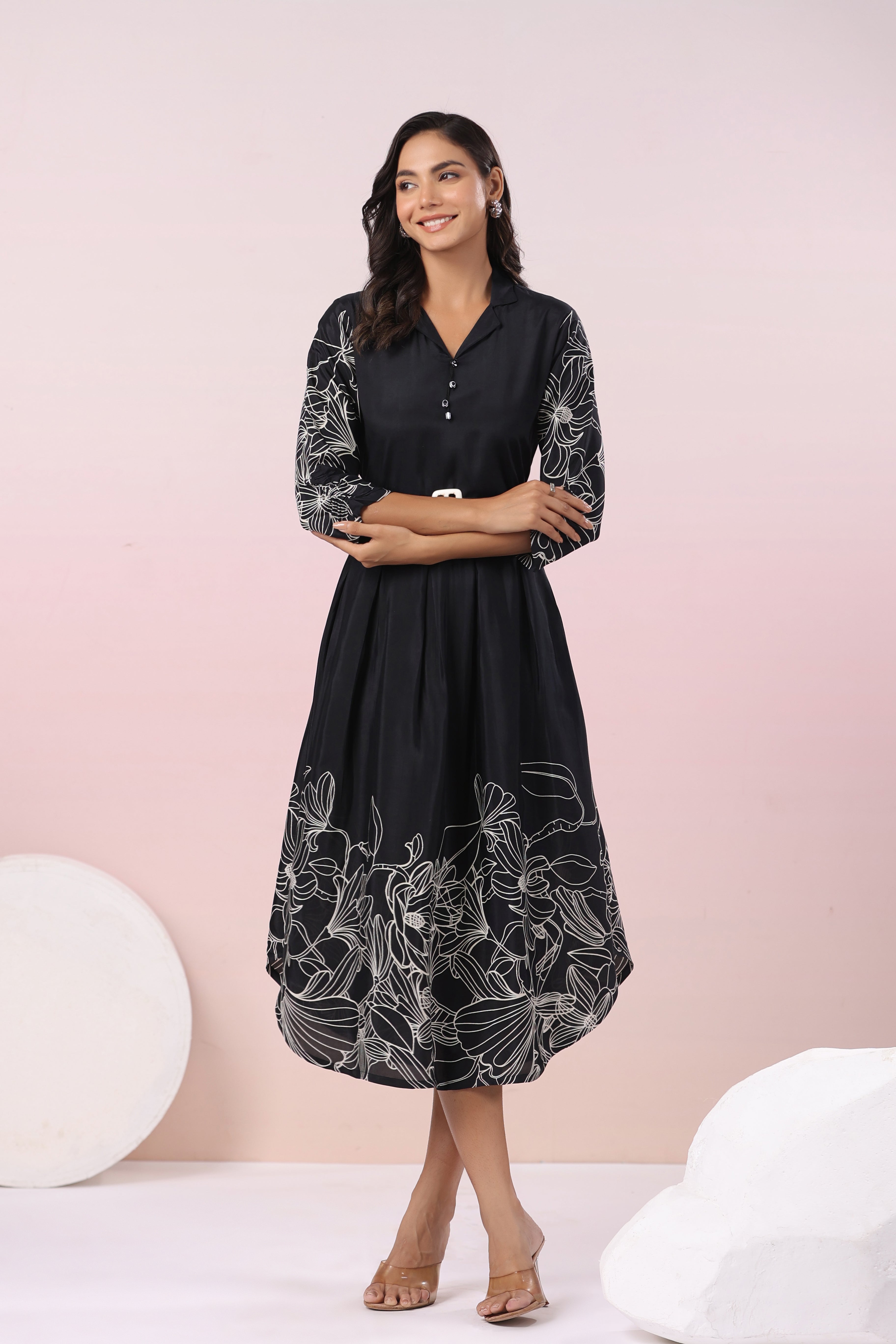 Black Abstract Printed bold flower motif Russian Silk Midi Dress