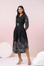 Black Abstract Printed bold flower motif Russian Silk Midi Dress