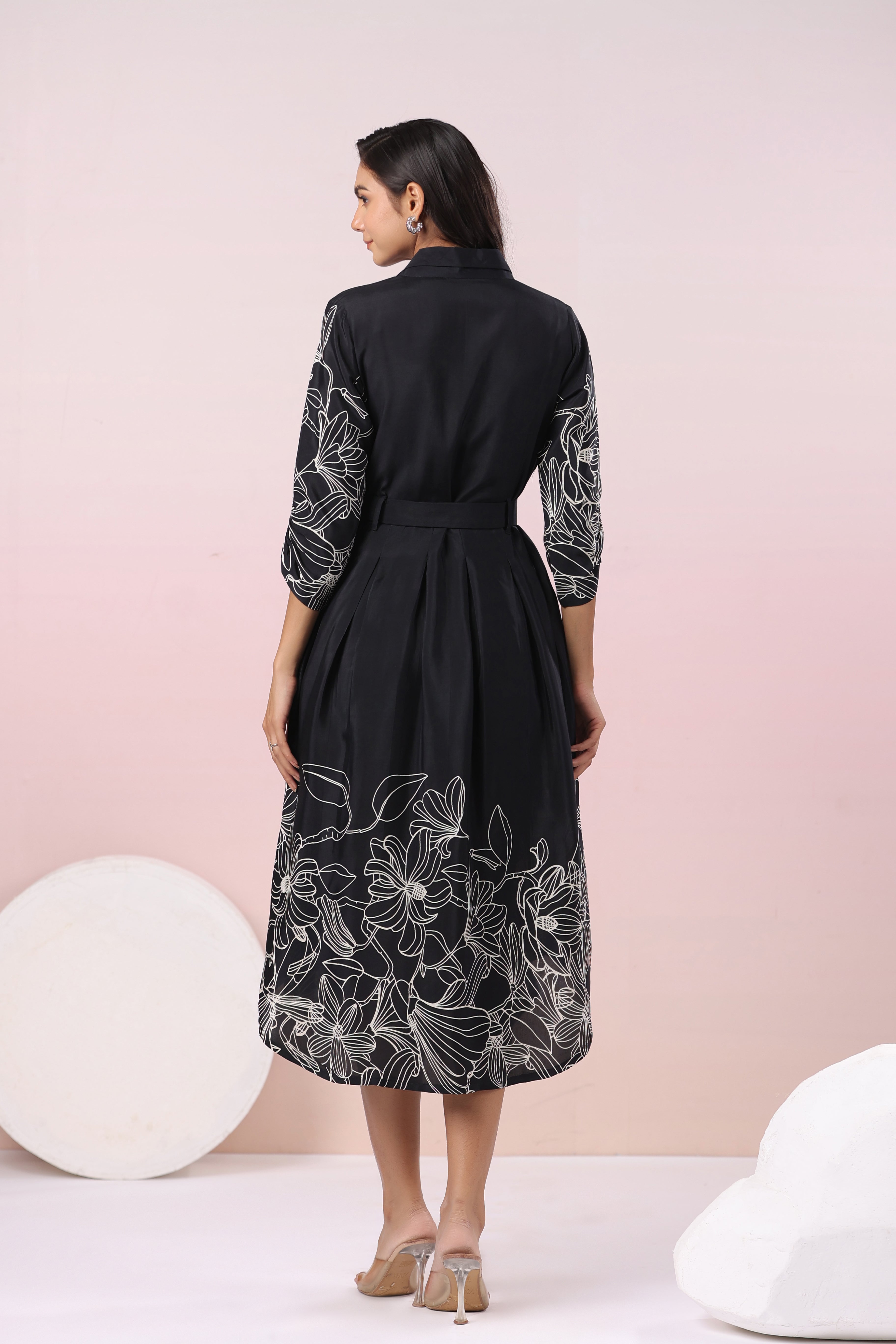 Black Abstract Printed bold flower motif Russian Silk Midi Dress