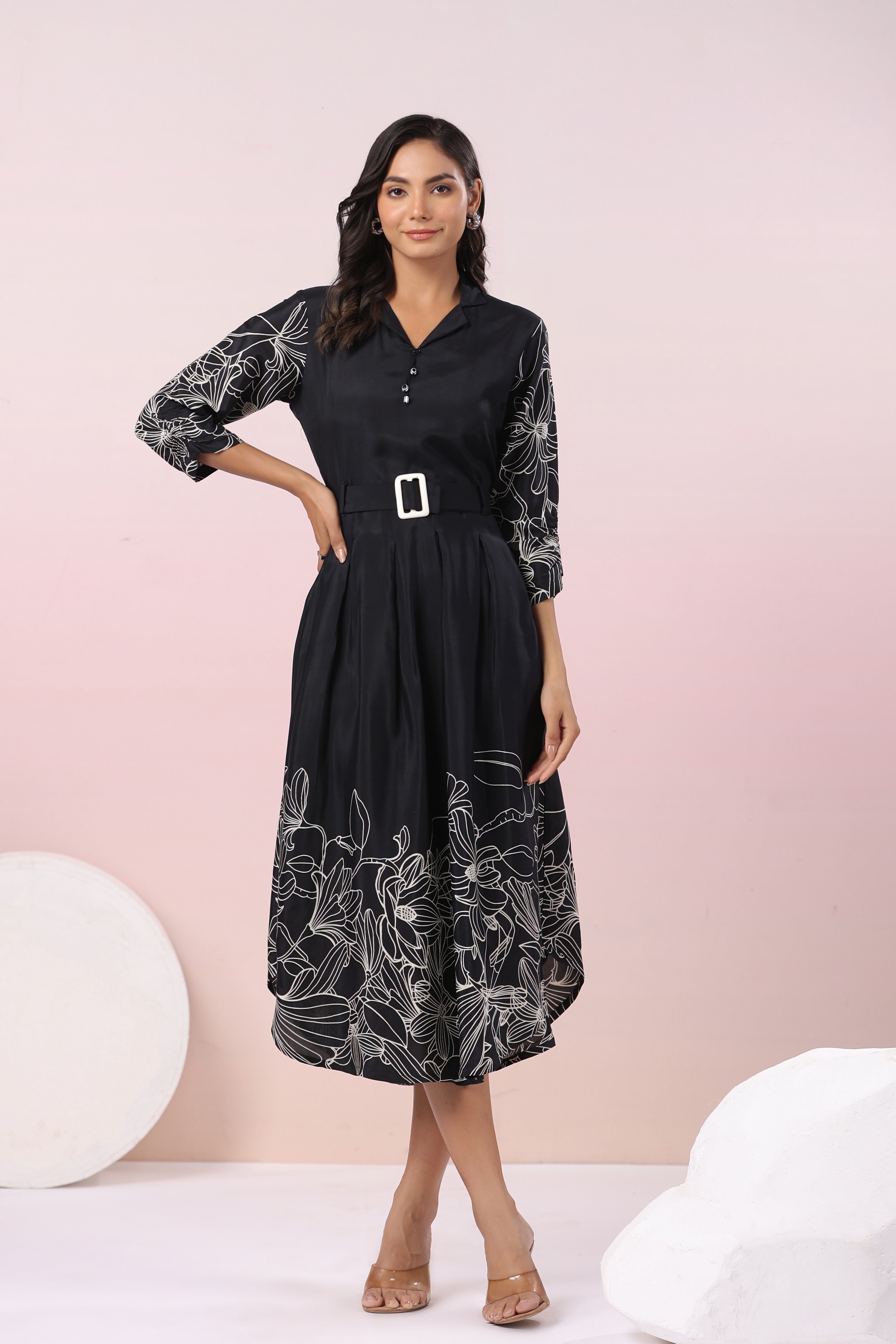 Black Abstract Printed bold flower motif Russian Silk Midi Dress