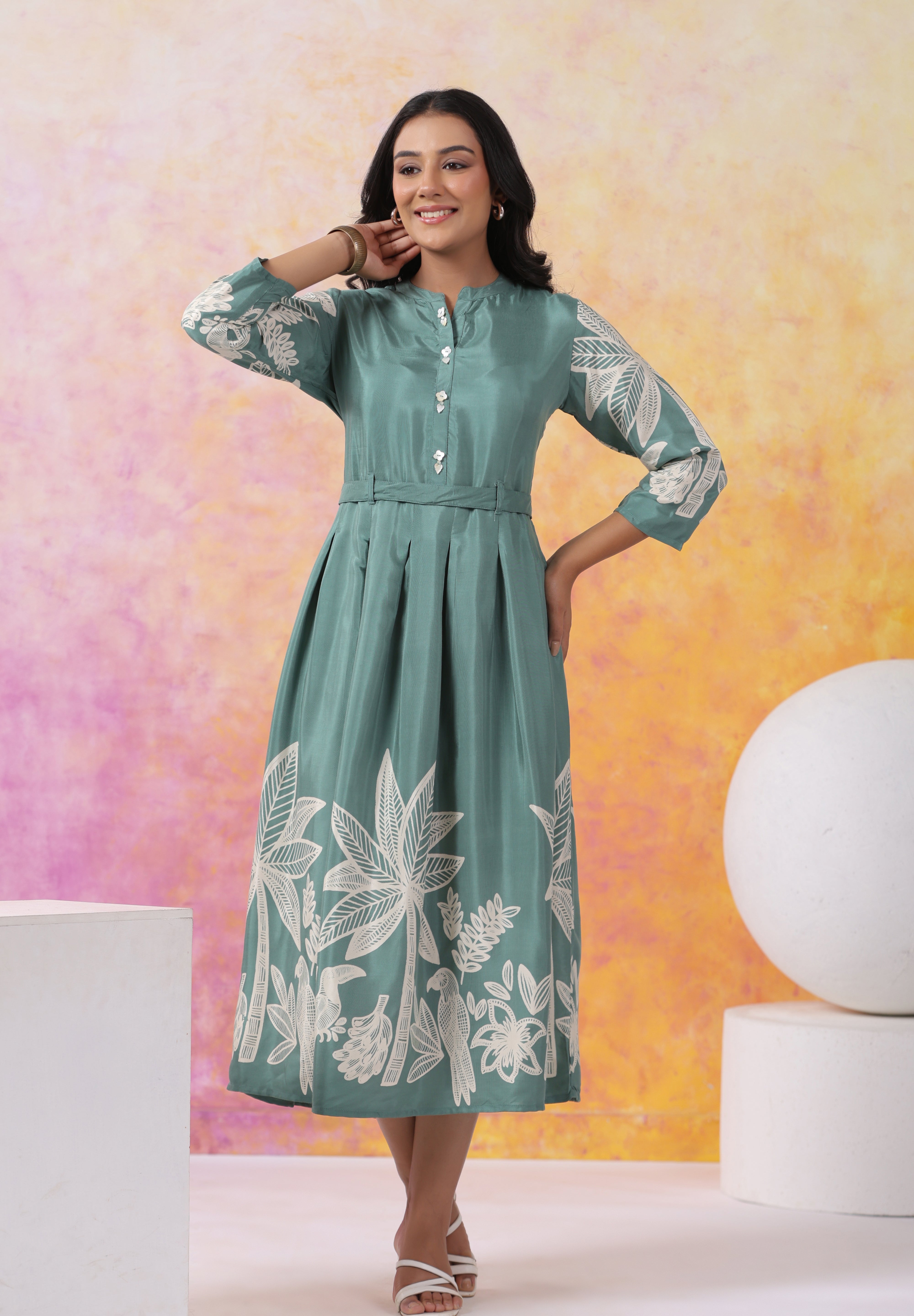 Mint Green Abstract Printed Bold Flower Placement Russian Silk Midi Dress