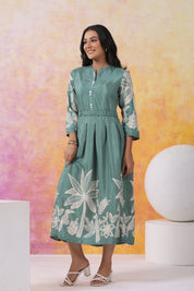 Mint Green Abstract Printed Bold Flower Placement Russian Silk Midi Dress