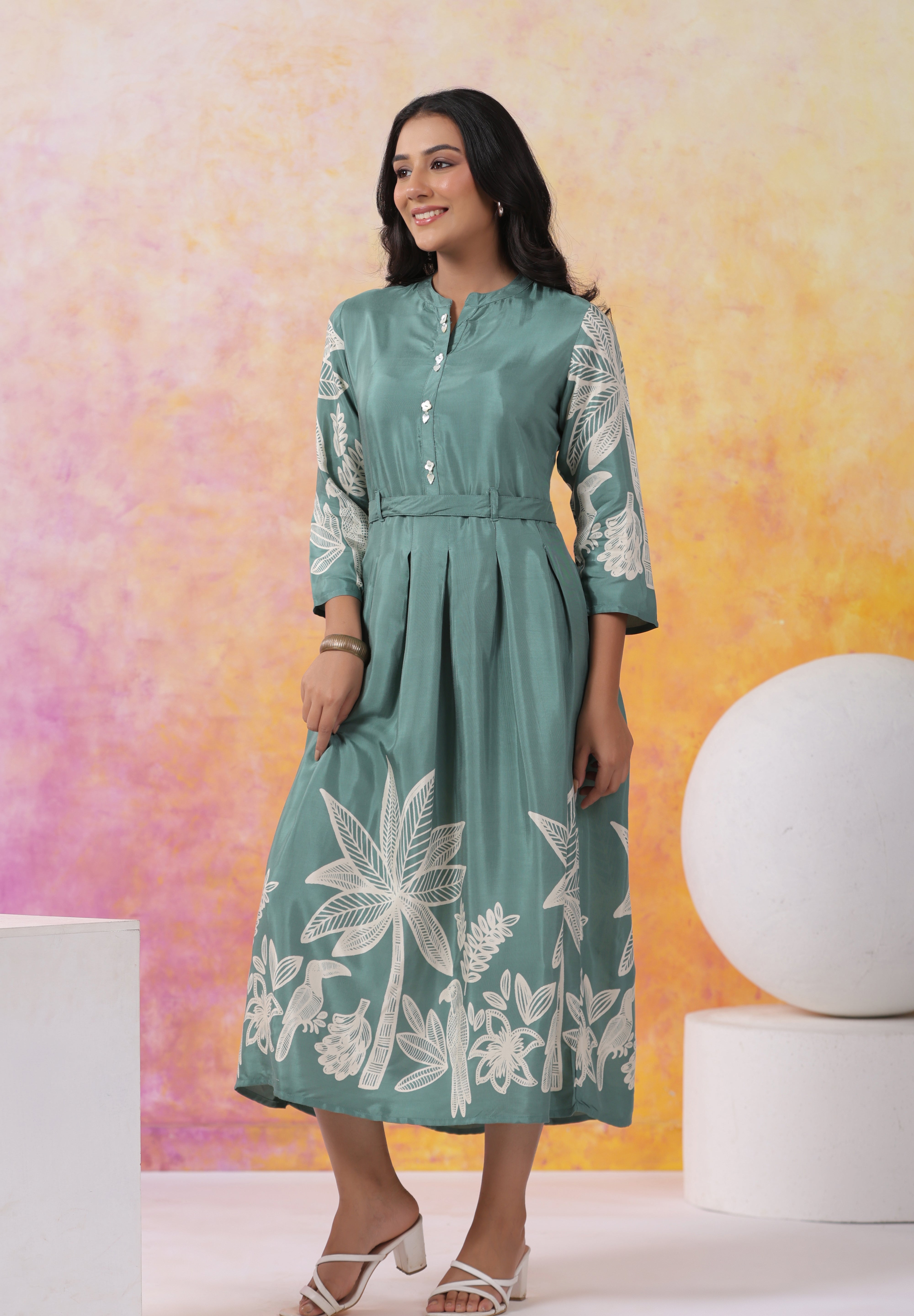 Mint Green Abstract Printed Bold Flower Placement Russian Silk Midi Dress