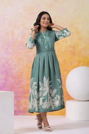 Mint Green Abstract Printed Bold Flower Placement Russian Silk Midi Dress