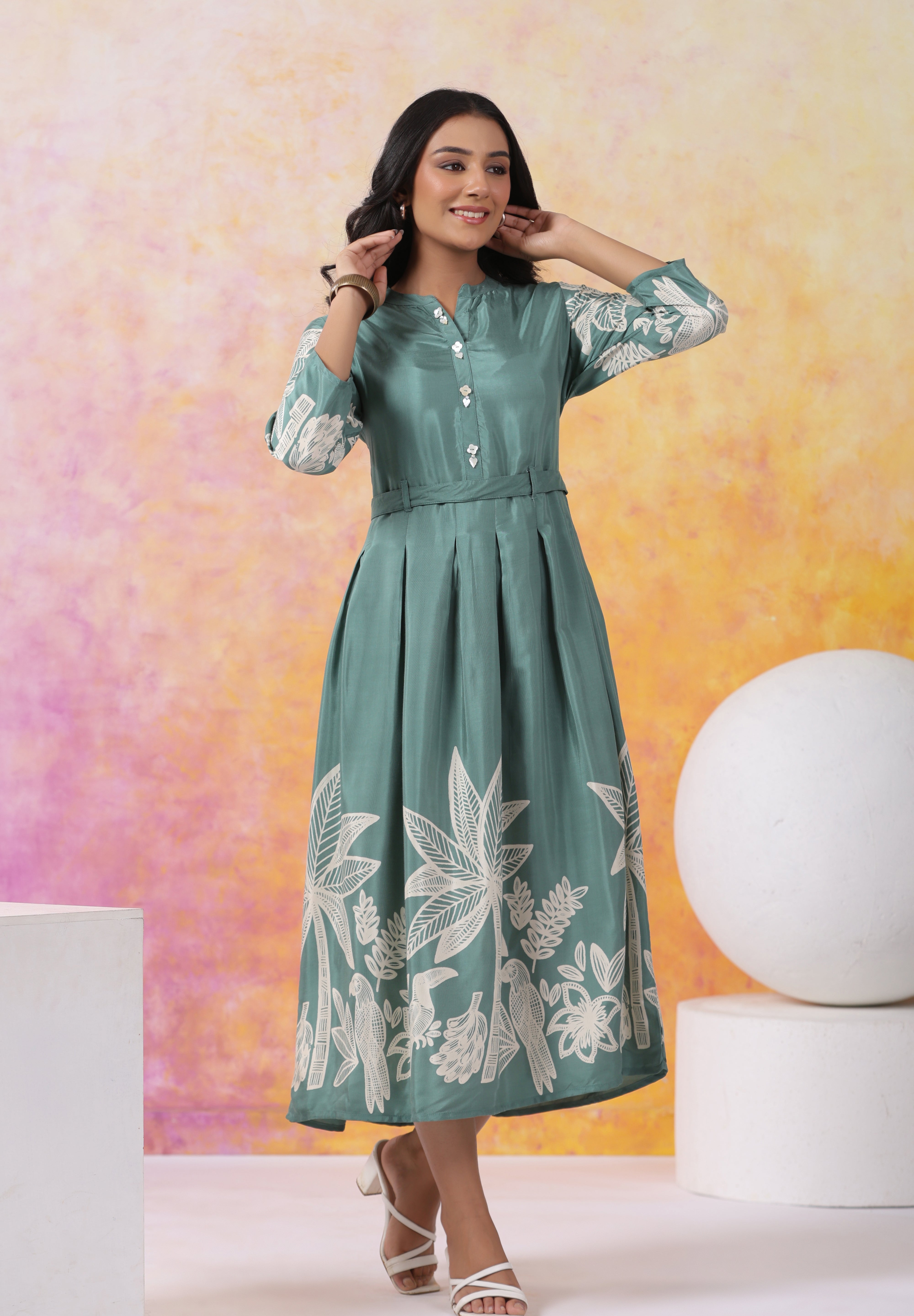 Mint Green Abstract Printed Bold Flower Placement Russian Silk Midi Dress