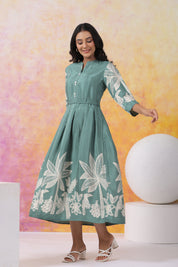 Mint Green Abstract Printed Bold Flower Placement Russian Silk Midi Dress