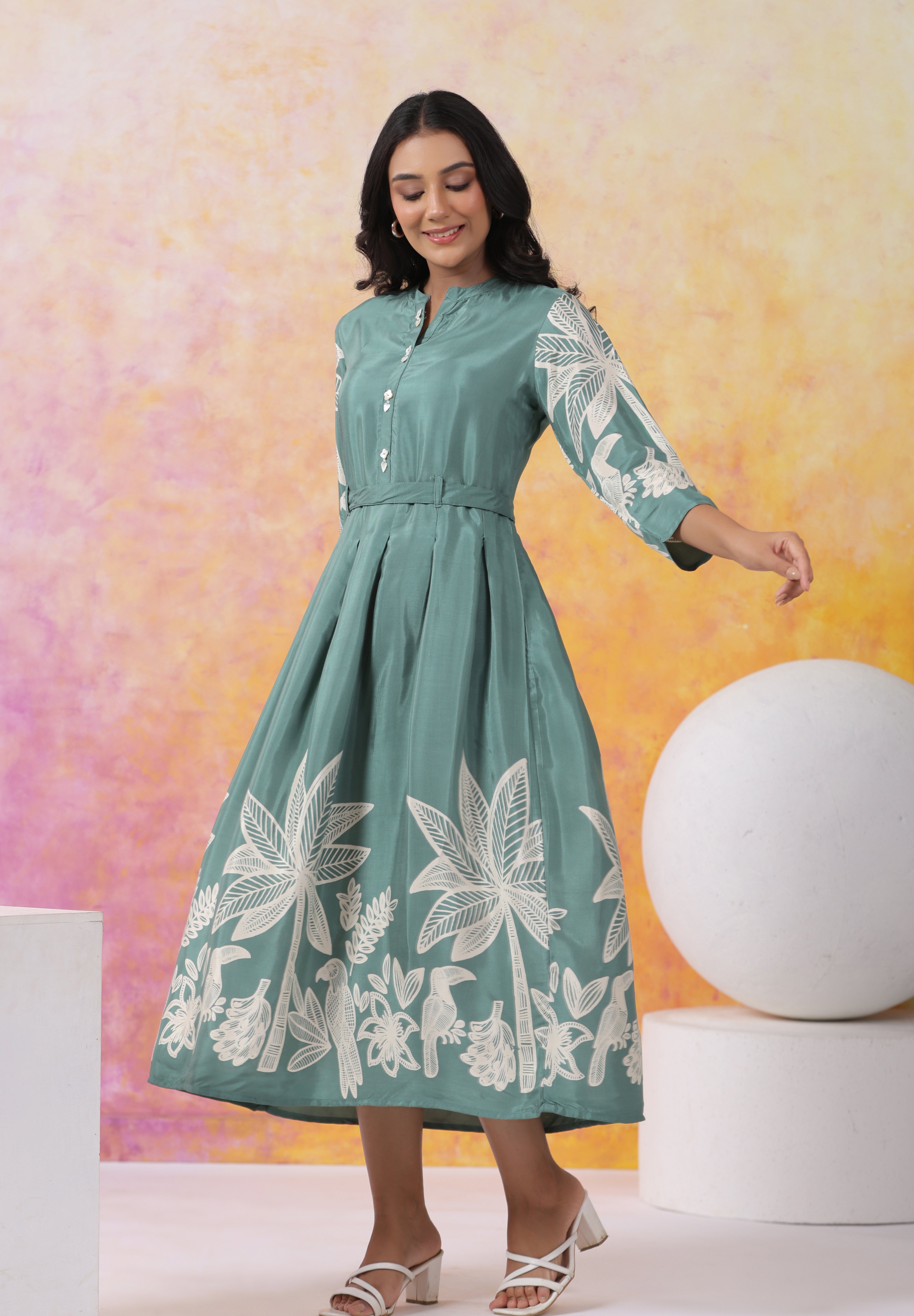 Mint Green Abstract Printed Bold Flower Placement Russian Silk Midi Dress