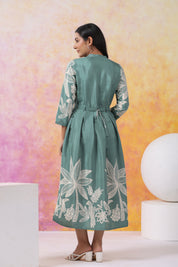 Mint Green Abstract Printed Bold Flower Placement Russian Silk Midi Dress