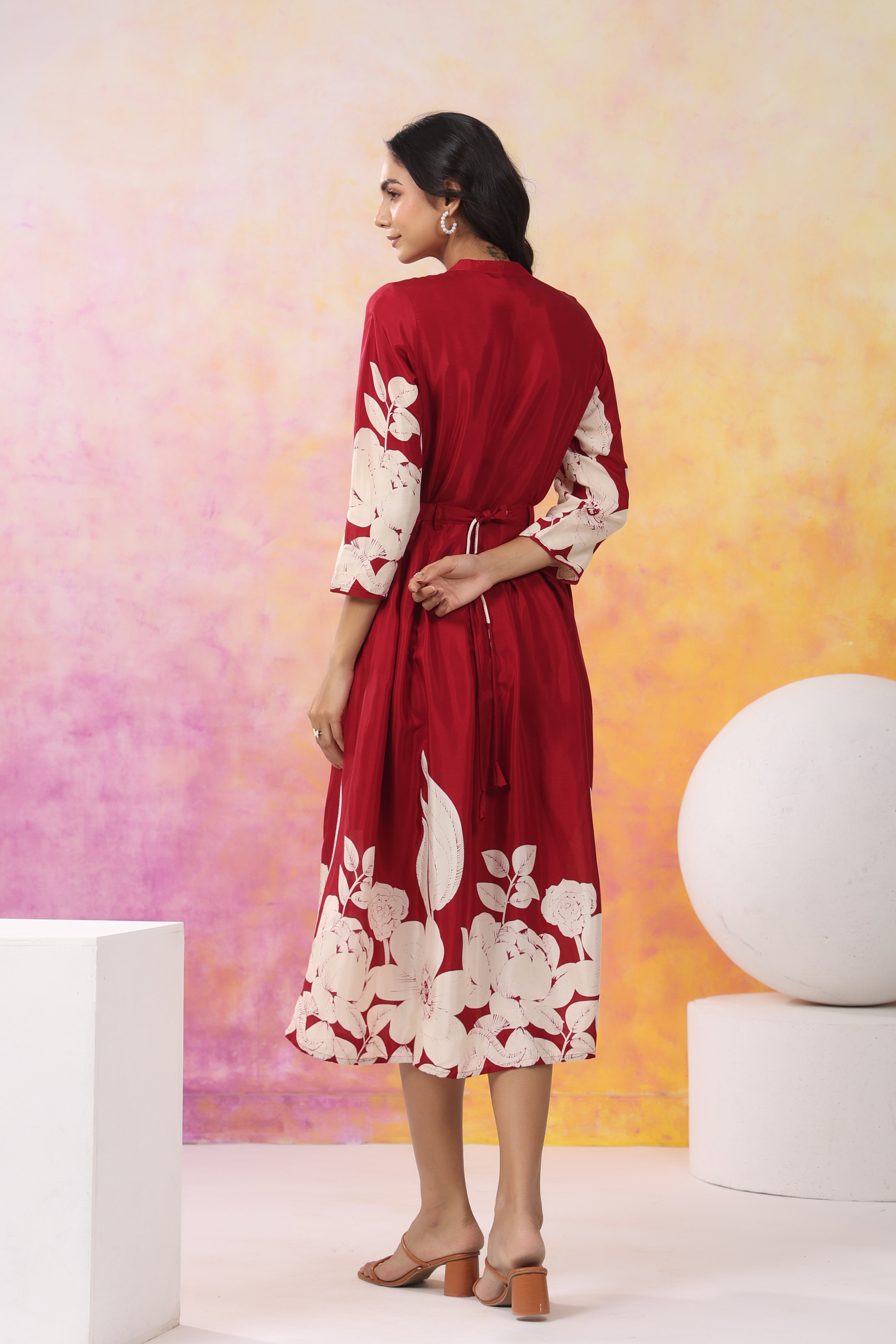 Red Base With Cream Color Bold Flower Motif  Midi Dress