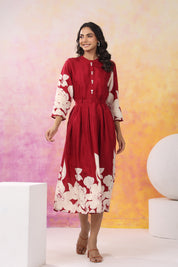 Red Base With Cream Color Bold Flower Motif  Midi Dress