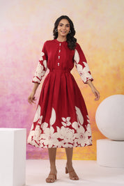 Red Base With Cream Color Bold Flower Motif  Midi Dress