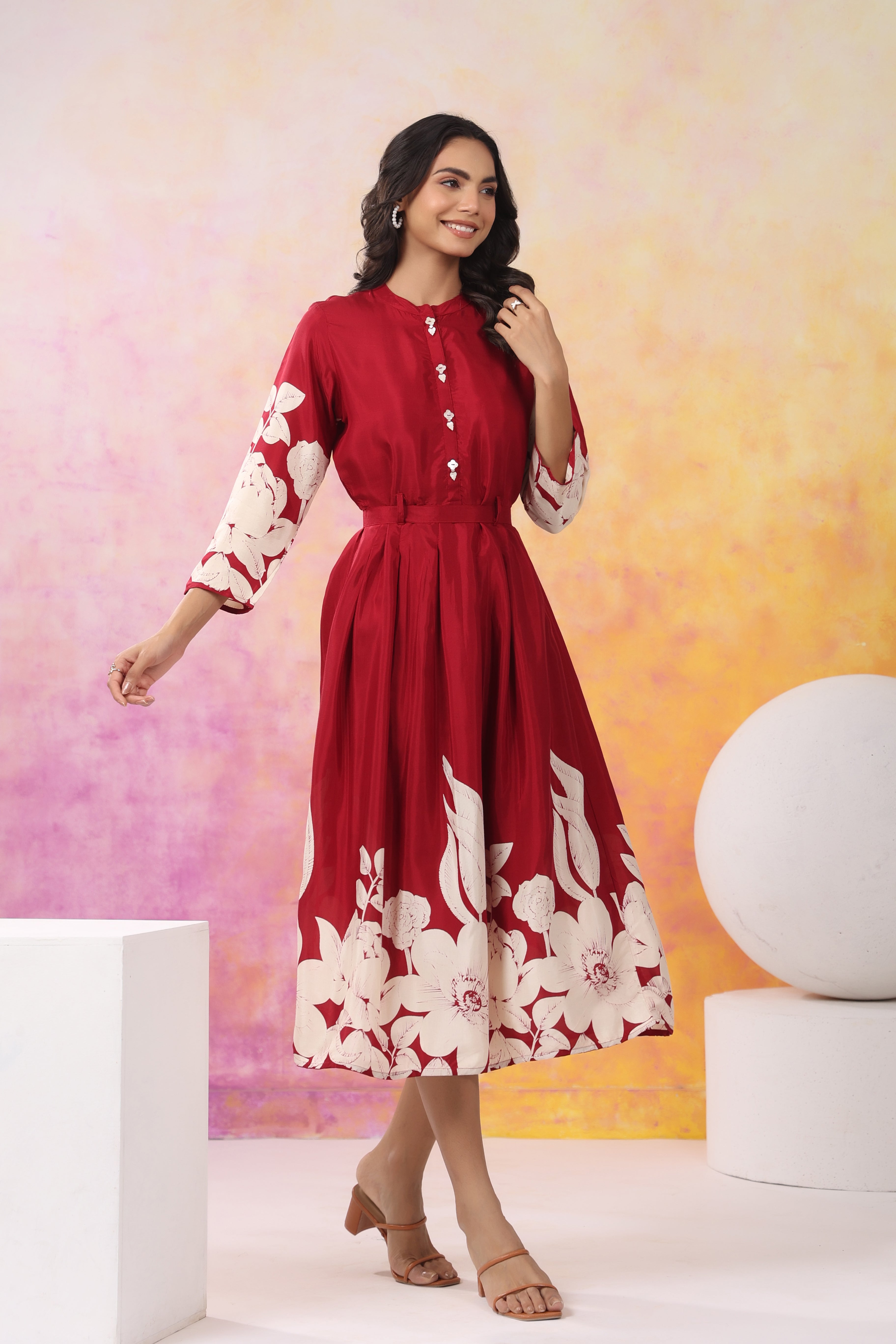 Red Base With Cream Color Bold Flower Motif  Midi Dress