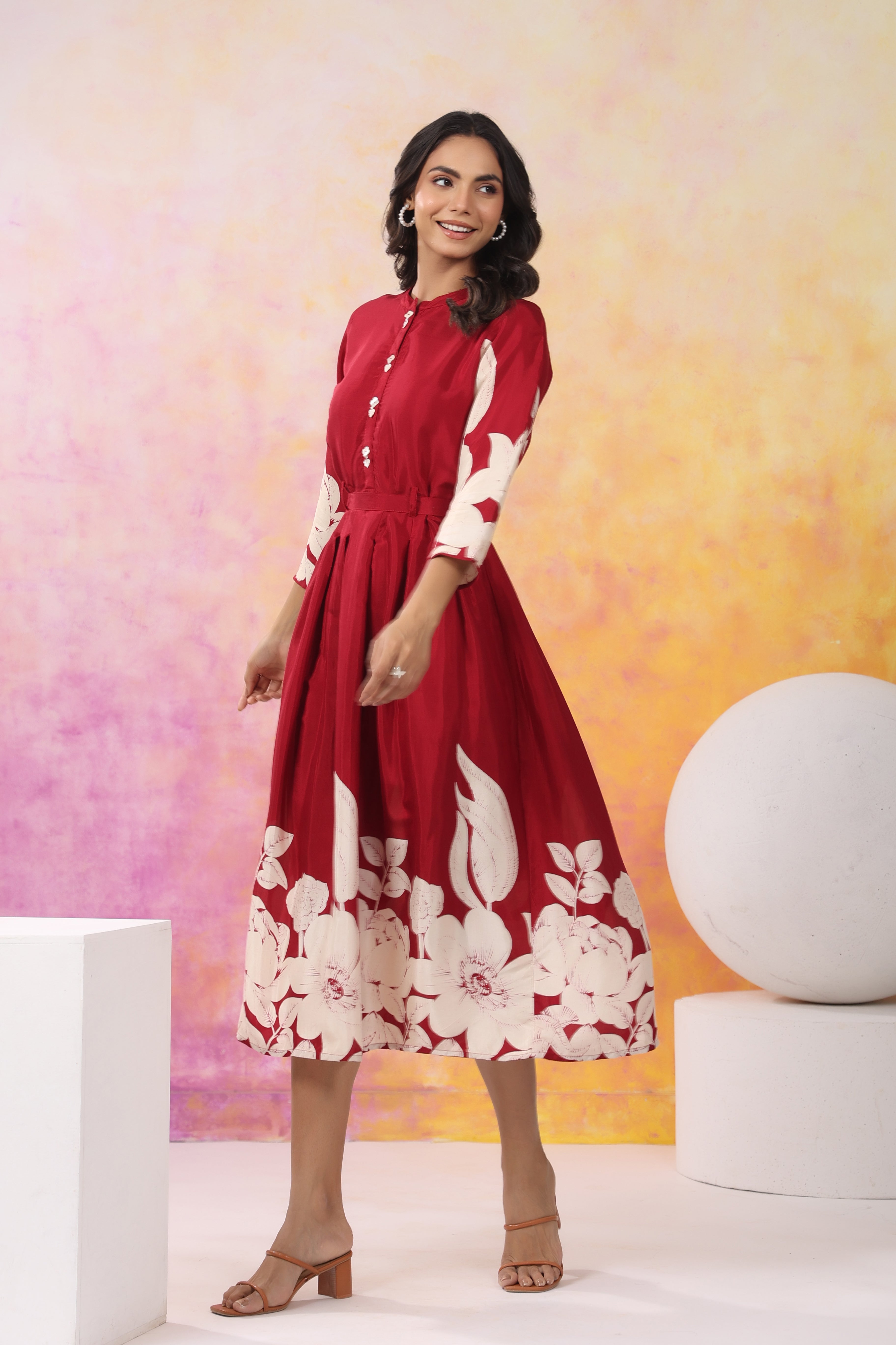 Red Base With Cream Color Bold Flower Motif  Midi Dress