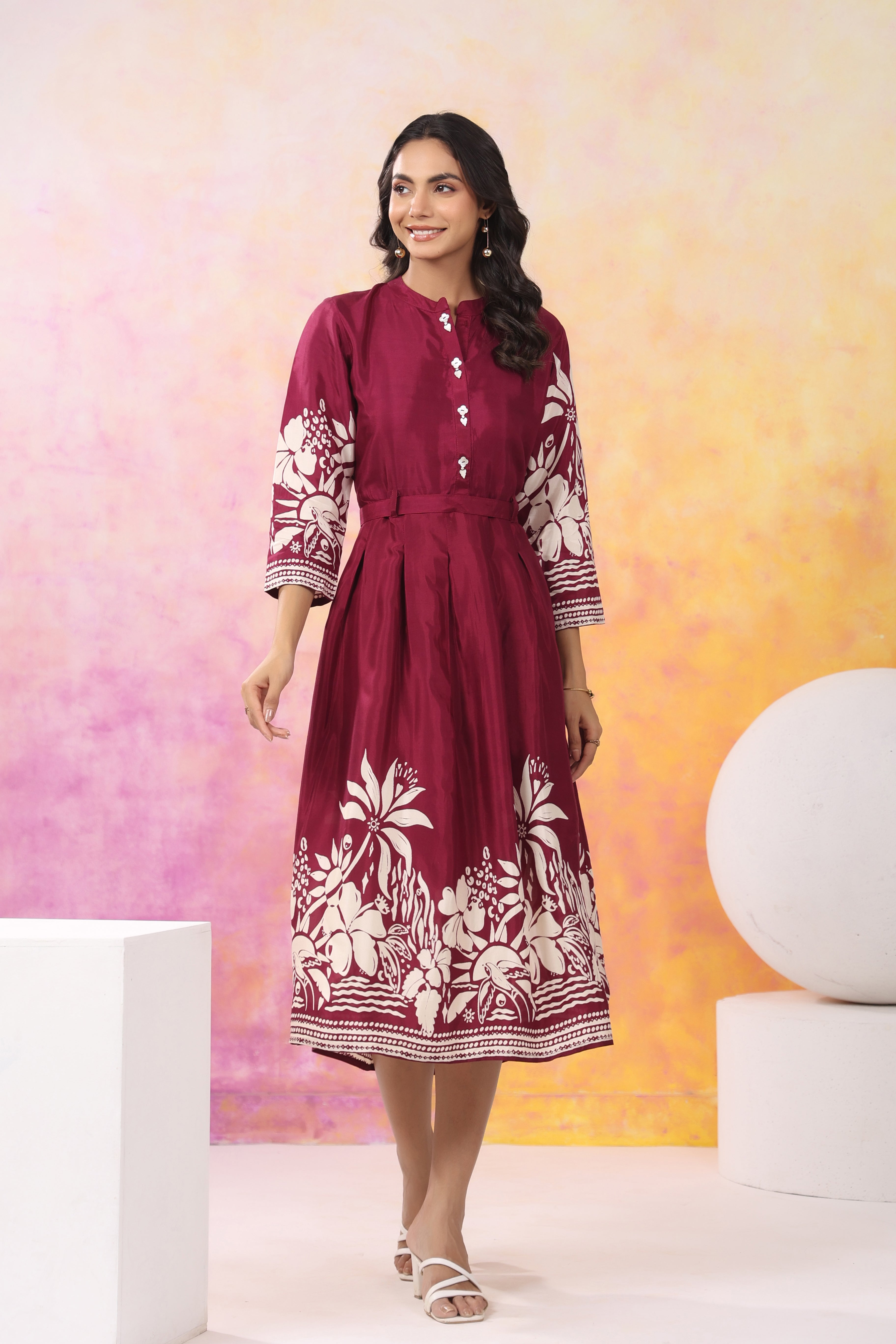 Wine Base With Cream Color Bold Flower Motif  Midi Dress