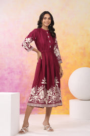 Wine Base With Cream Color Bold Flower Motif  Midi Dress