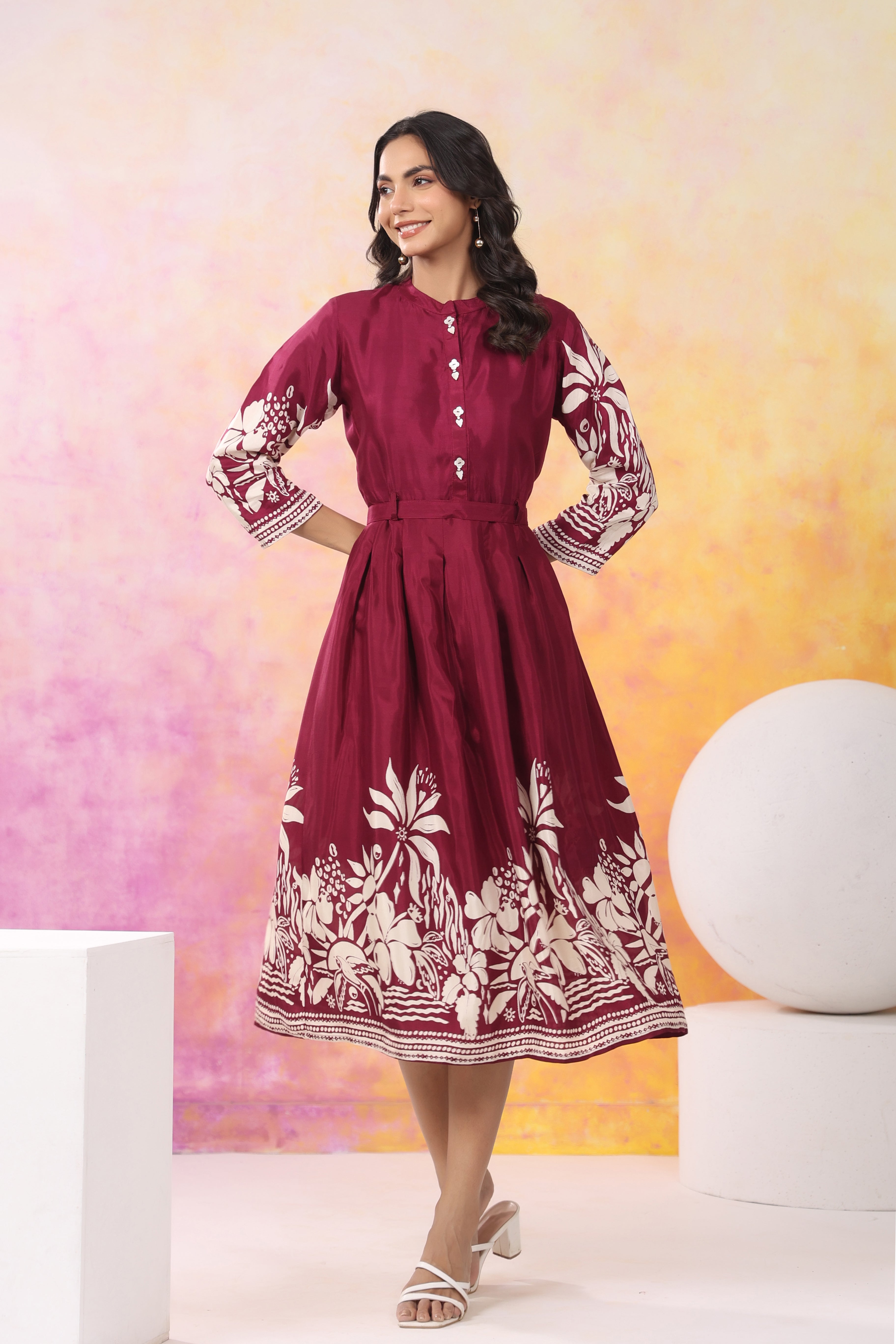 Wine Base With Cream Color Bold Flower Motif  Midi Dress