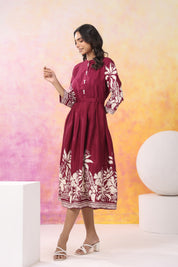 Wine Base With Cream Color Bold Flower Motif  Midi Dress